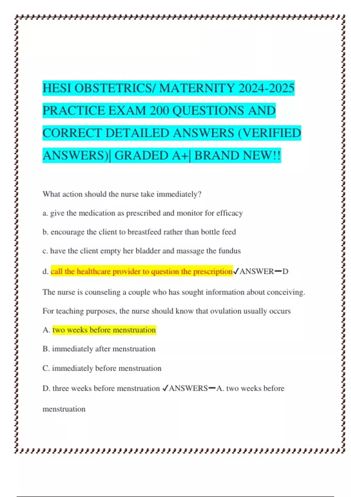 HESI OBSTETRICS/ MATERNITY PRACTICE EXAM 200 QUESTIONS AND CORRECT ...