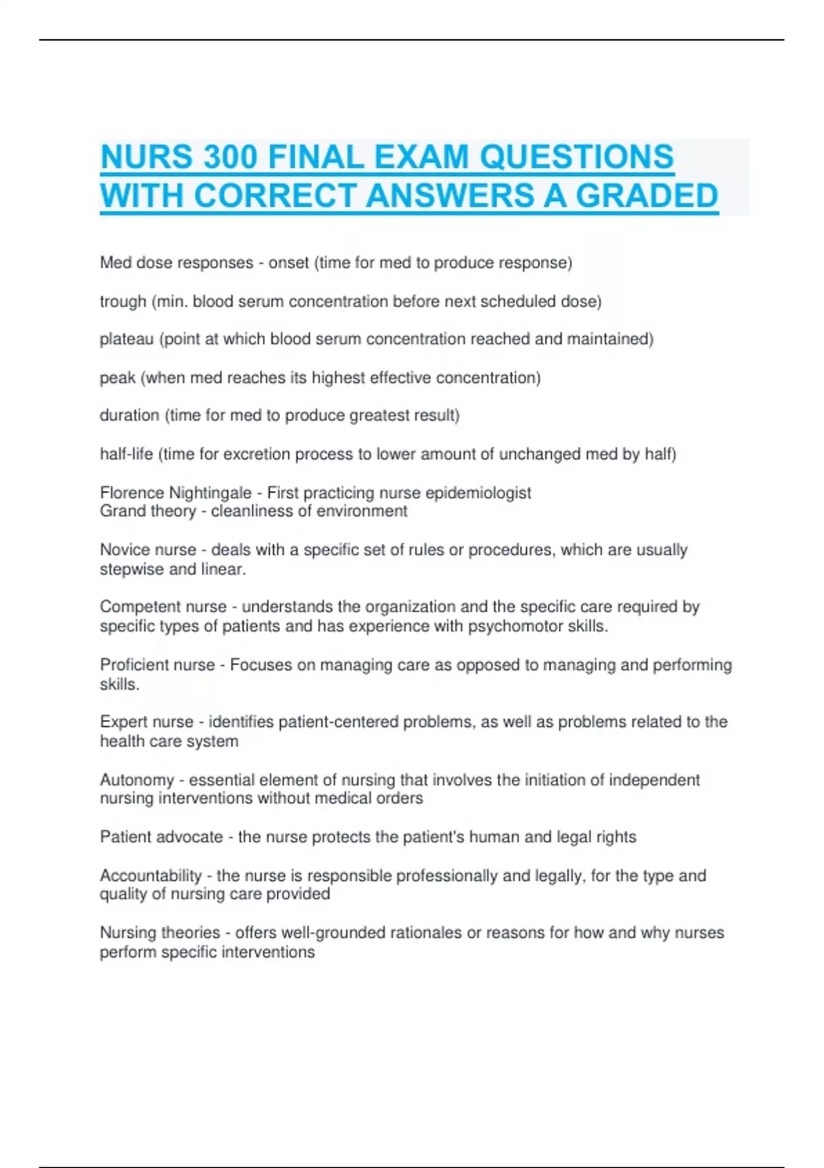 NURS 300 FINAL EXAM QUESTIONS WITH CORRECT ANSWERS A GRADED - NURS 300 ...