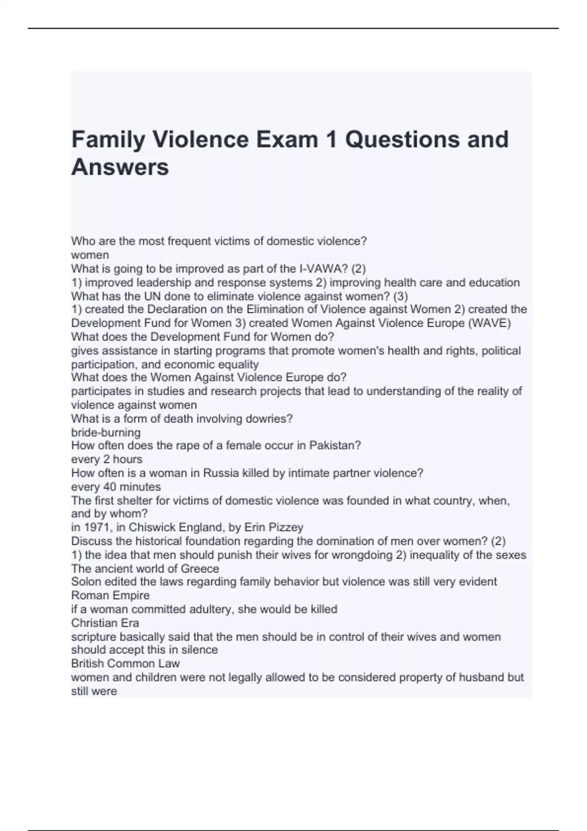 Family Violence Exam 1 Questions and Answers - Domestic Violence ...