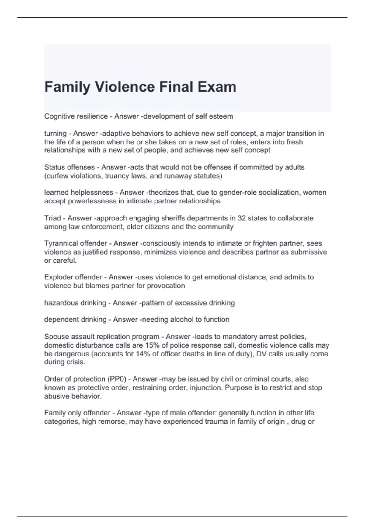 Family Violence Final Exam with correct Answers - Domestic Violence ...