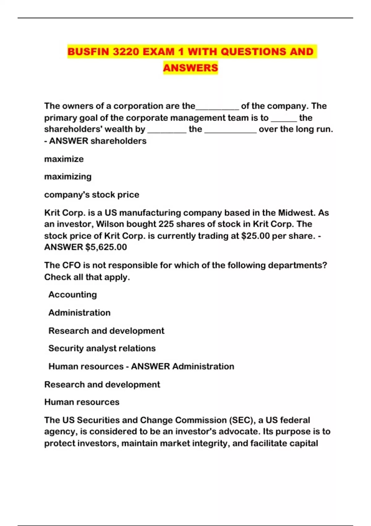 BUSFIN 3220 EXAM 1 WITH QUESTIONS AND ANSWERS - BUSFIN 3220 - Stuvia US
