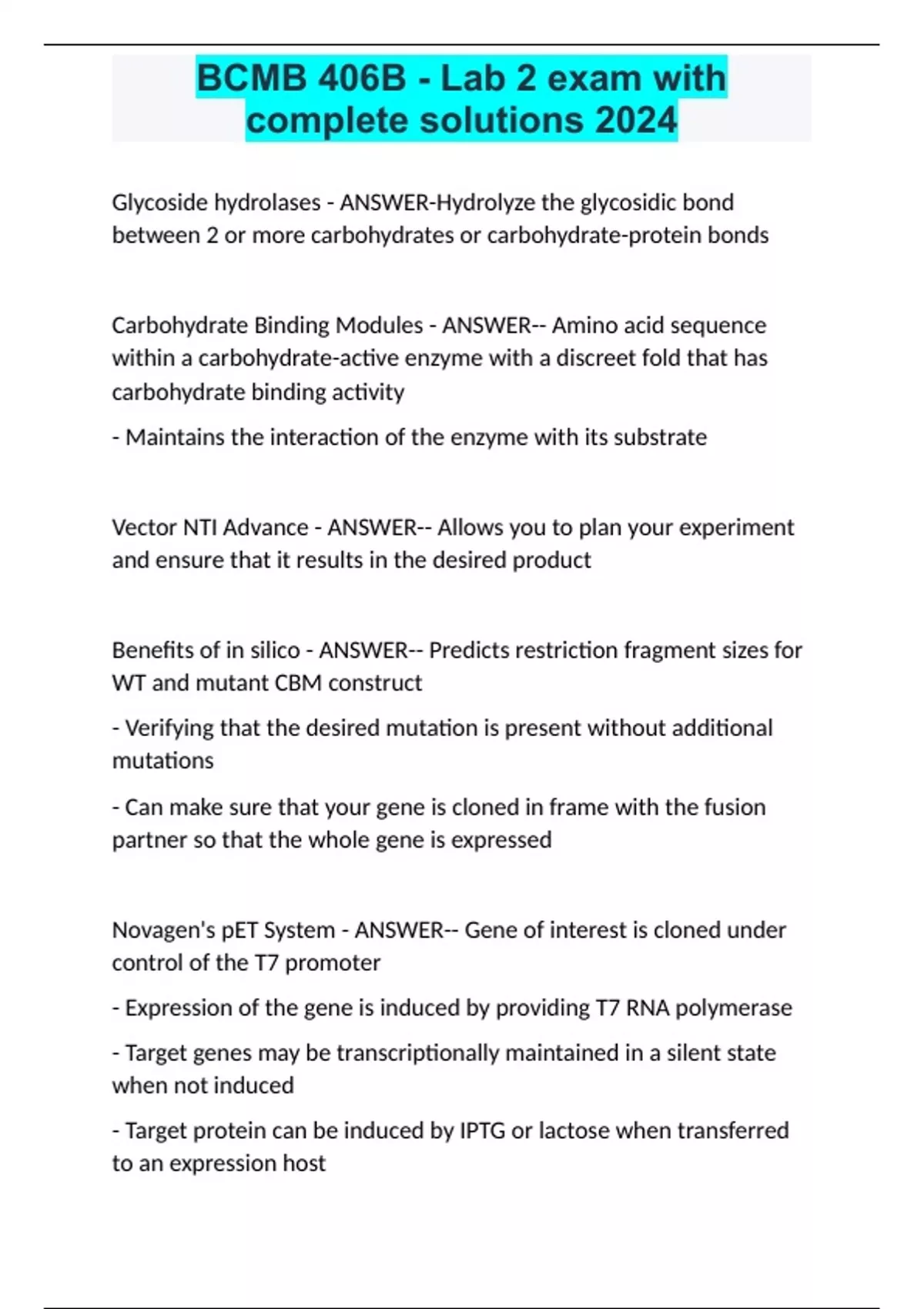 BCMB 406B - Lab exam with 100- correct answers 2024 - BCMB - Stuvia US