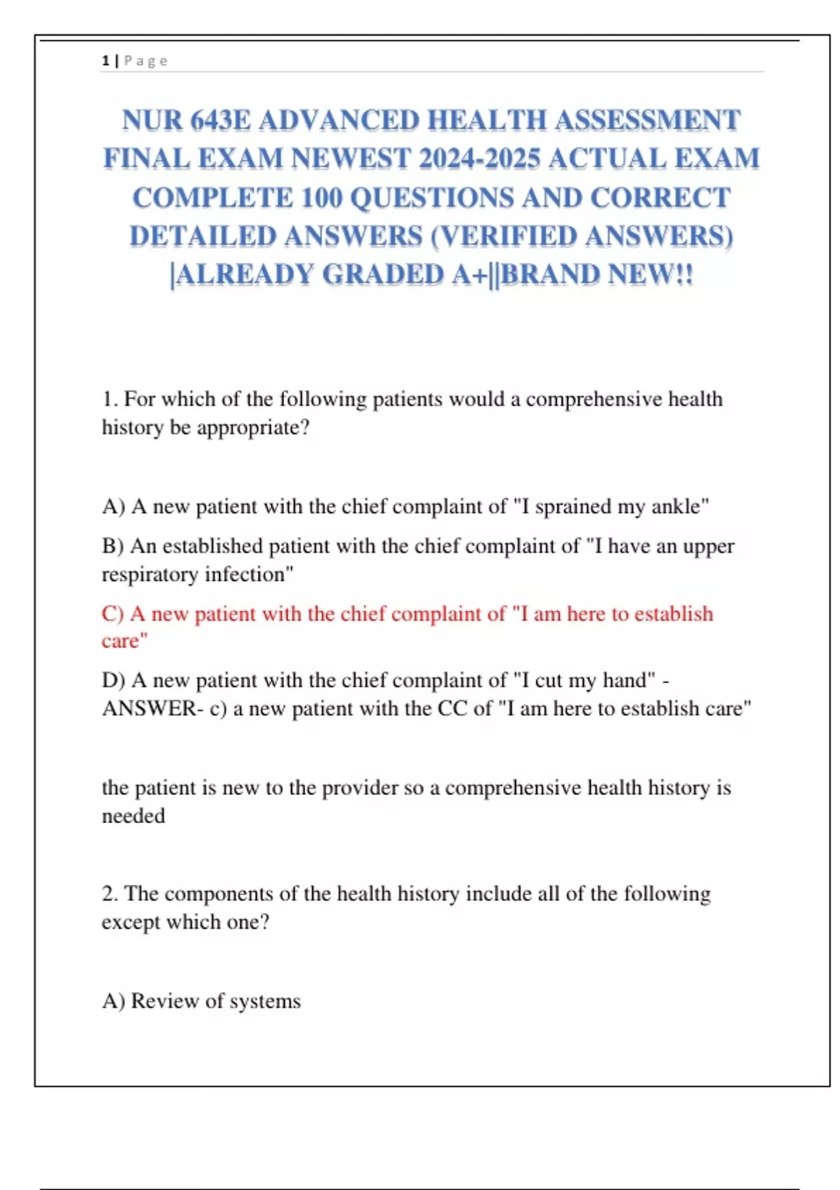 NUR 643E ADVANCED HEALTH ASSESSMENT FINAL EXAM NEWEST ACTUAL EXAM ...