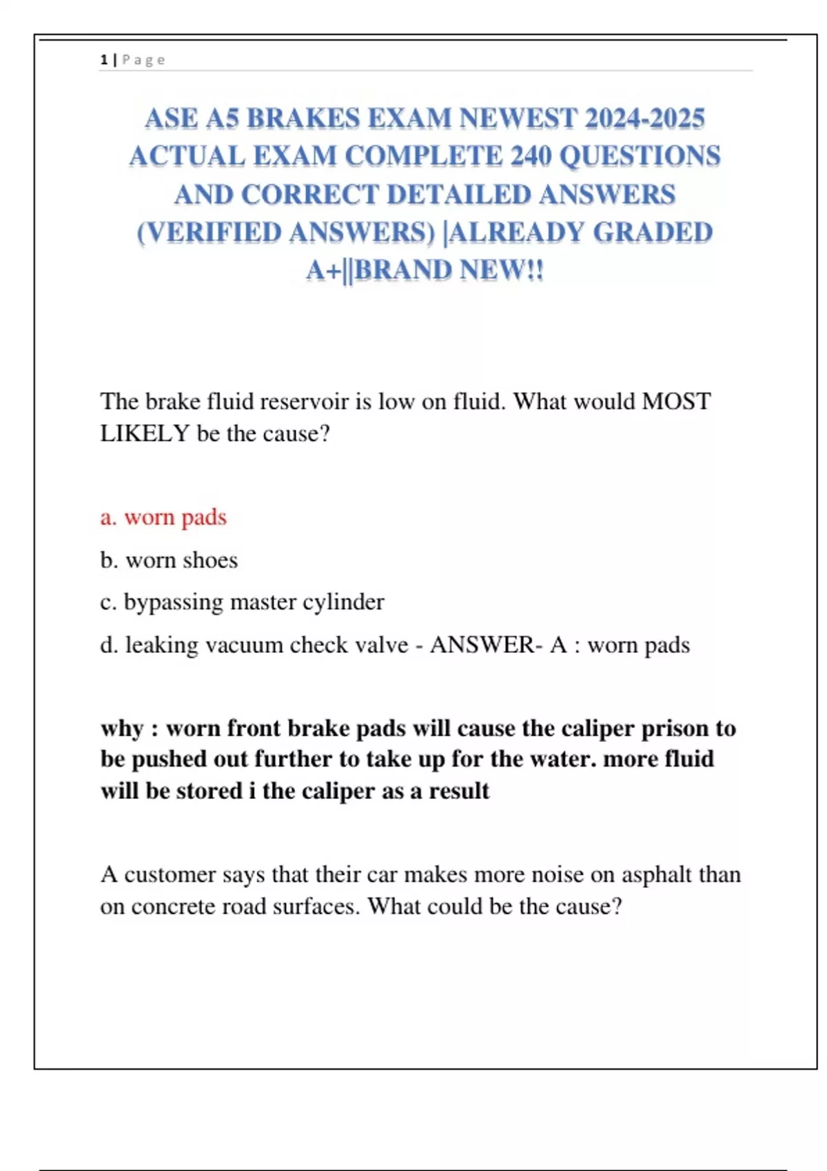 ASE A5 BRAKES EXAM NEWEST ACTUAL EXAM COMPLETE 240 QUESTIONS AND ...