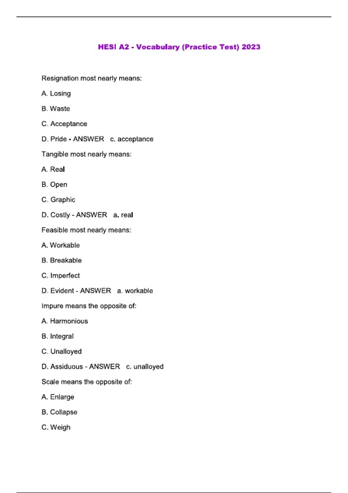 Hesi a2 vocabulary practice test Complete Solution - Hesi A2 - Stuvia US