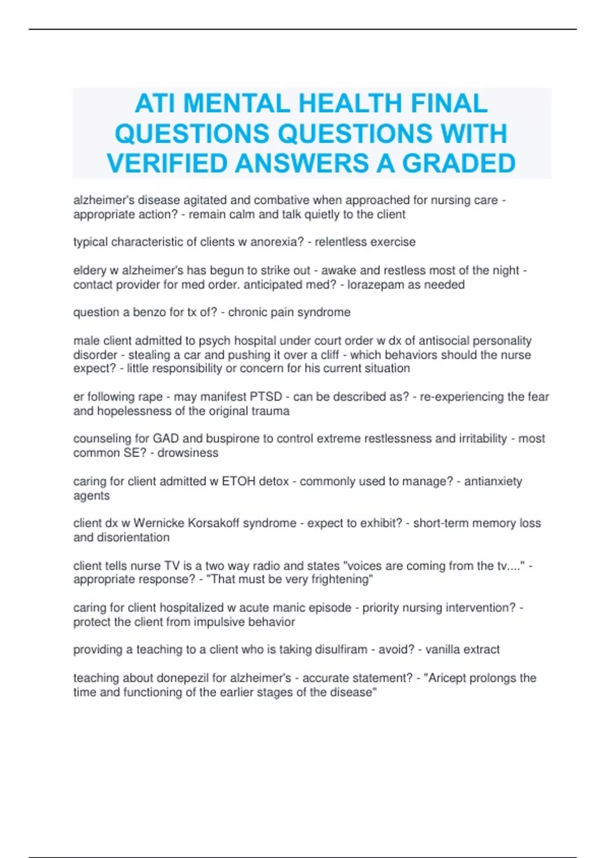 ATI PN LEARNING SYSTEM MENTAL HEALTH FINAL QUIZ QUESTIONS WITH Ati pn learning system mental health final quiz questions with