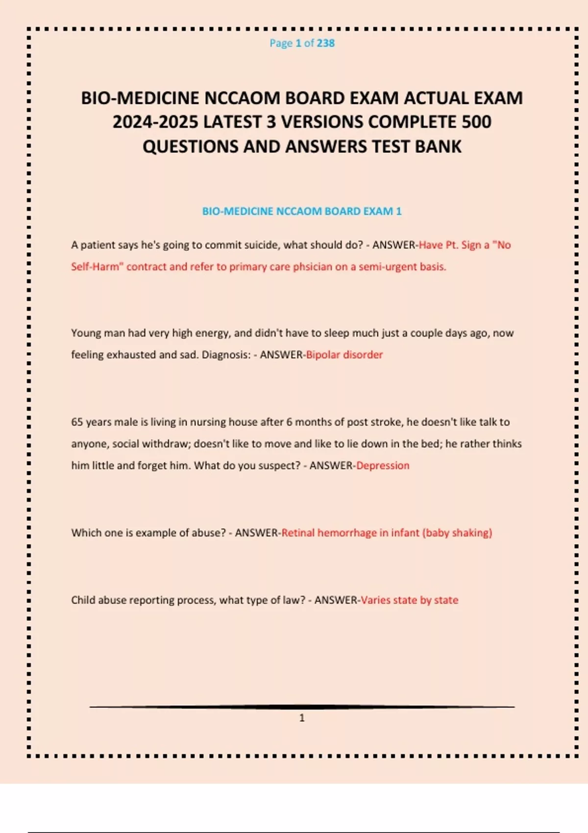 BIO-MEDICINE NCCAOM BOARD EXAM ACTUAL EXAM LATEST 3 VERSIONS COMPLETE ...