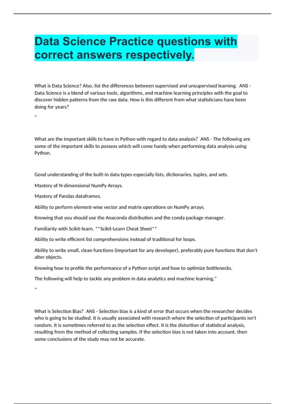 Data Science Practice questions with correct answers respectively ...