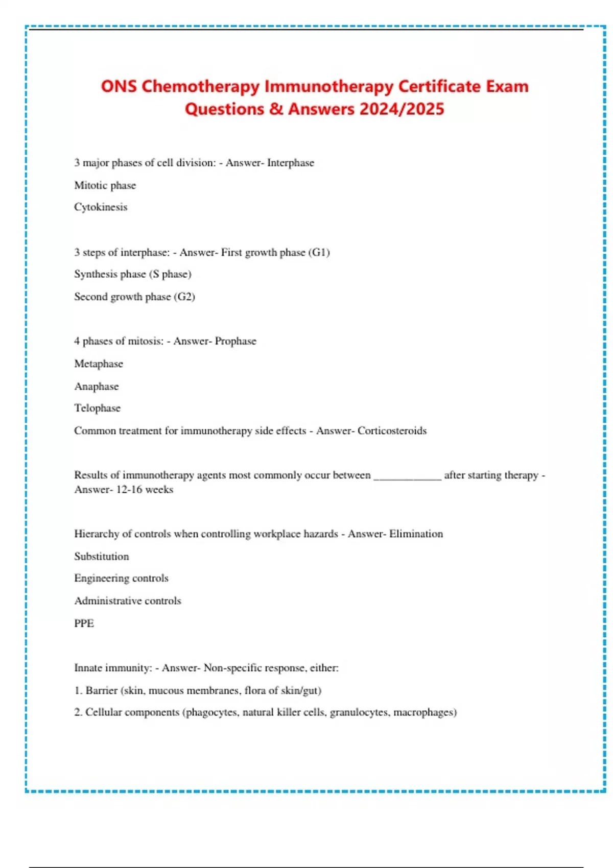 ONS Chemotherapy Immunotherapy Certificate Exam Questions & Answers ...