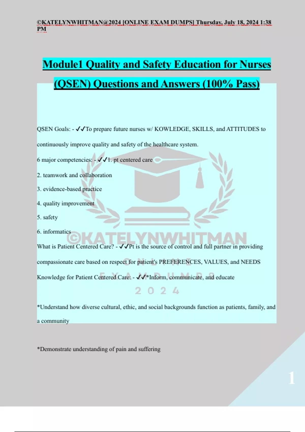 Module1 Quality and Safety Education for Nurses (QSEN) Questions and ...