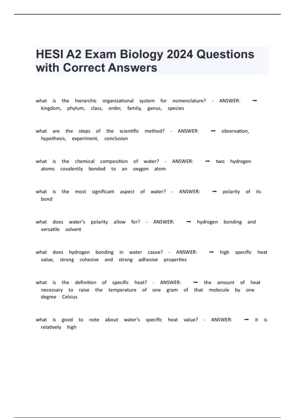 HESI A2 Exam Biology 2024 Questions with Correct Answers - HESI - Stuvia US