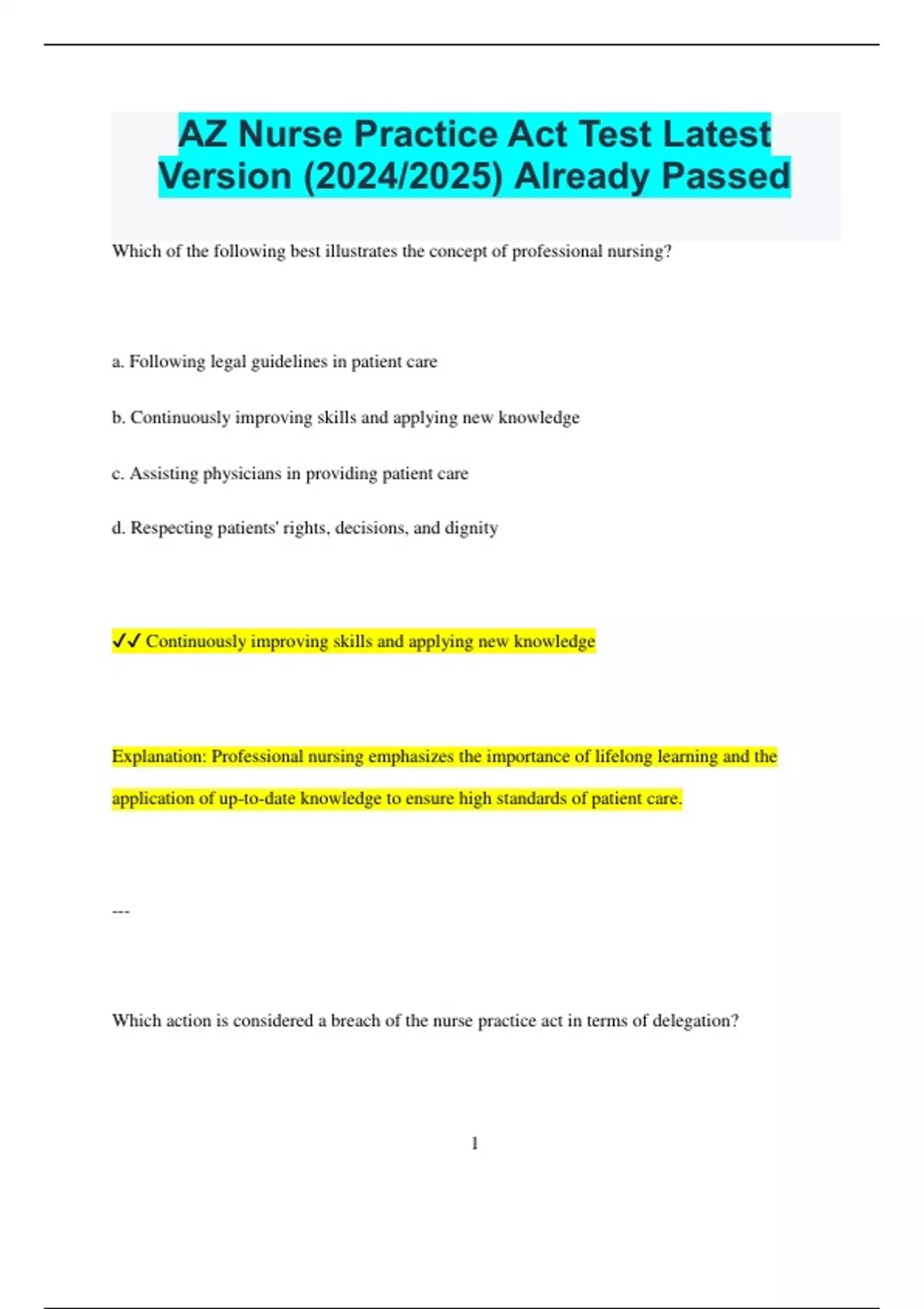 AZ Nurse Practice Act Test Latest Version (2024/2025) Already Passed - AZ Nurse Practice Act ...