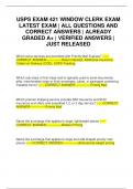 USPS EXAM 421 WINDOW CLERK EXAM LATEST EXAM &vert; ALL QUESTIONS AND CORRECT ANSWERS &vert; ALREADY GRADED A&plus; &vert; VERIFIED ANSWERS &vert; JUST RELEASED