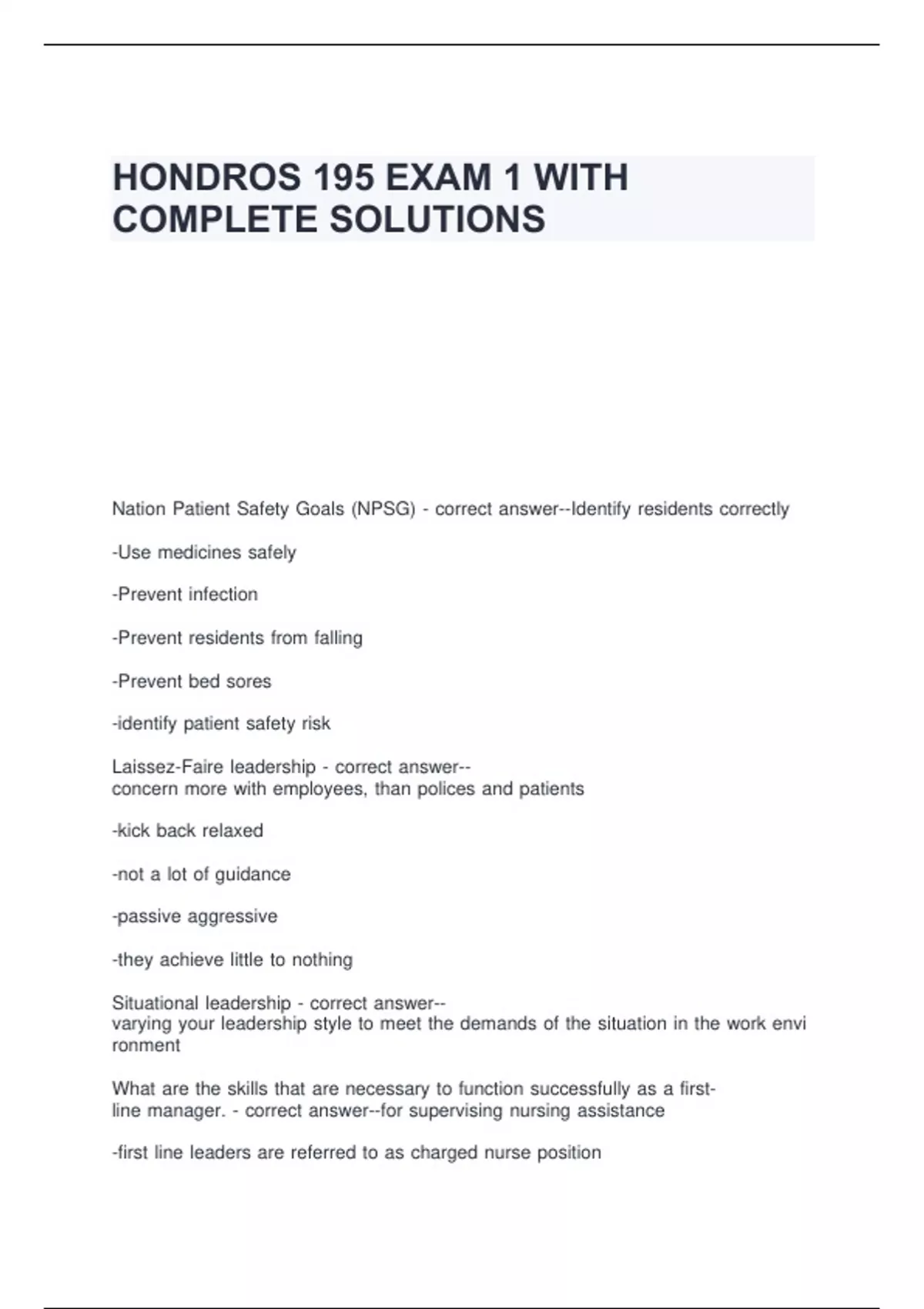 HONDROS 195 EXAM 1 WITH COMPLETE SOLUTIONS - HONDROS 195 - Stuvia US