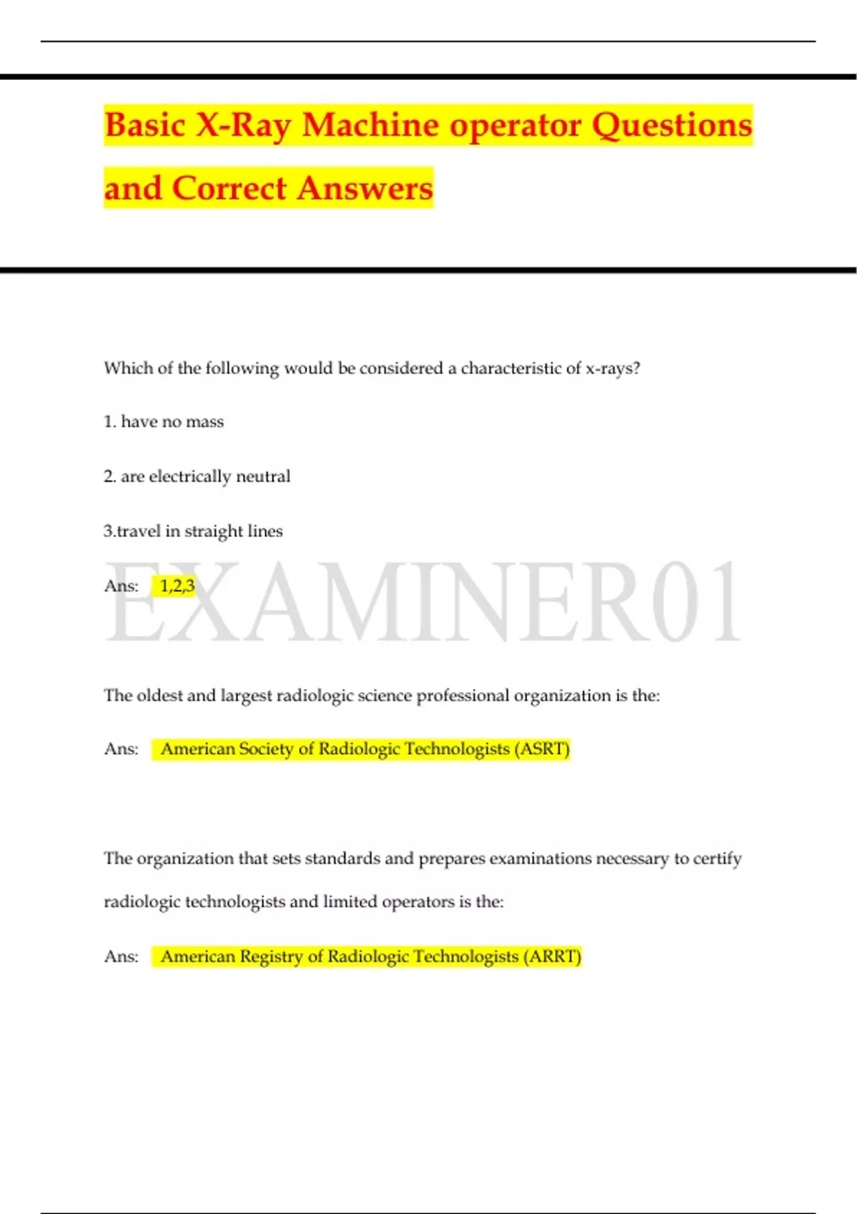 Basic X Ray Machine operator Questions and Correct Answers Basic X