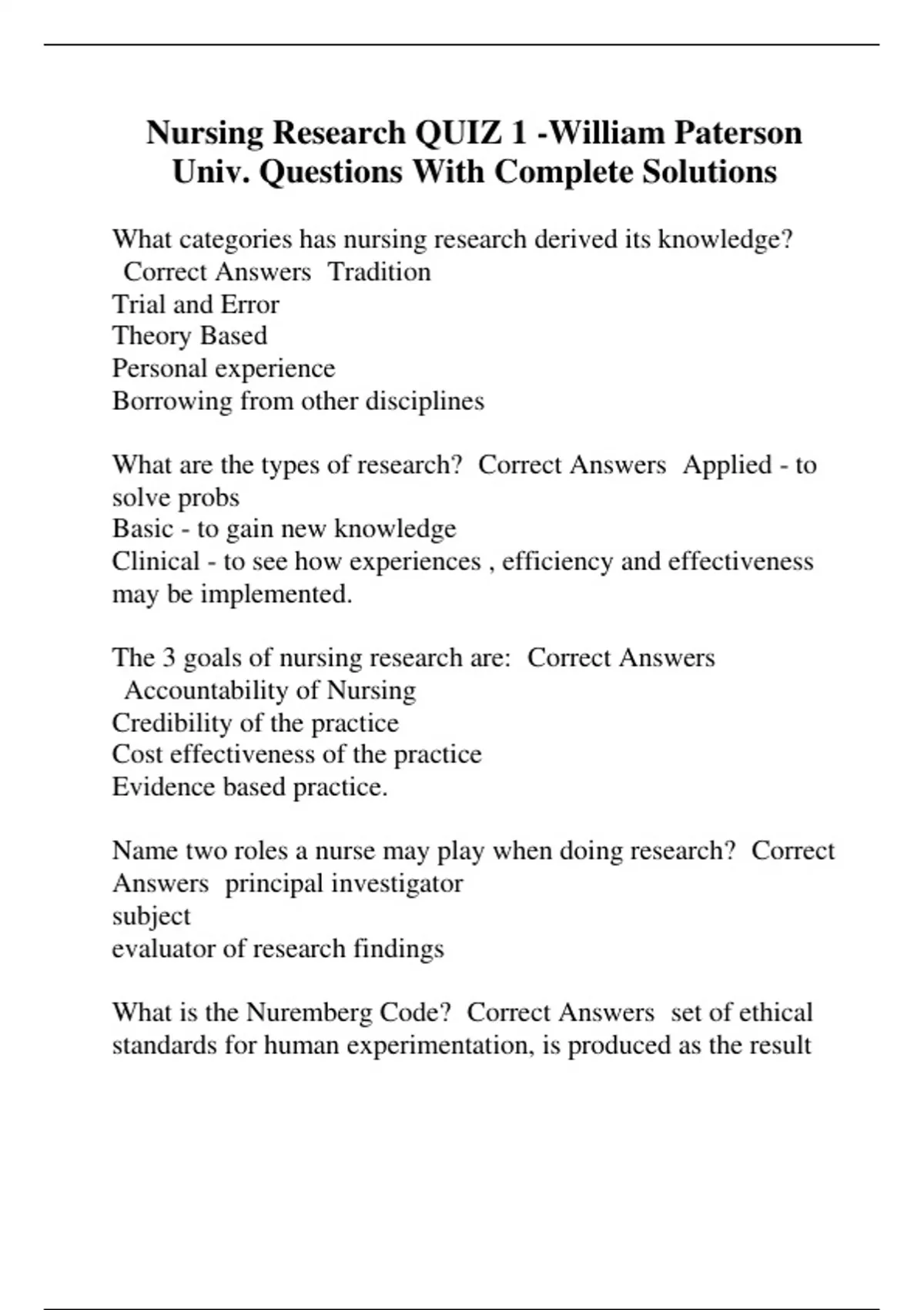Nursing Research QUIZ 1 -William Paterson Univ. Questions With Complete ...