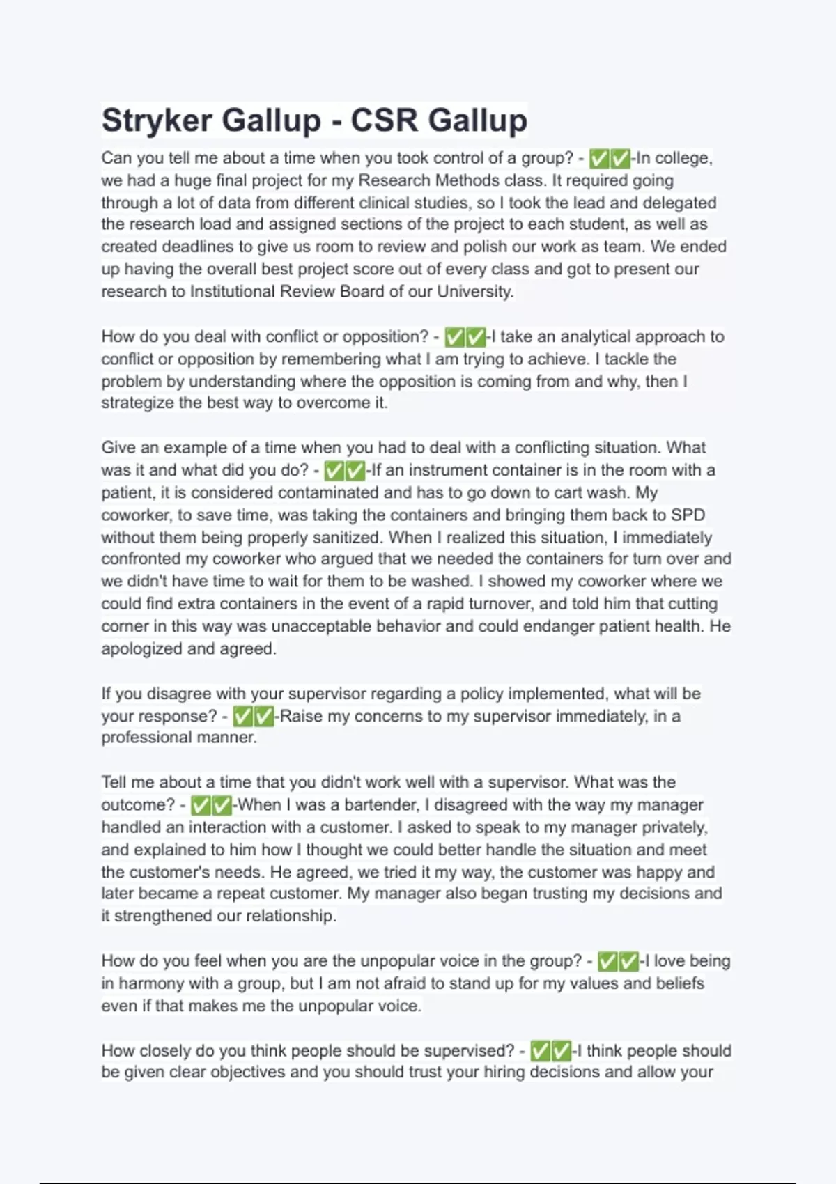 Stryker Gallup - CSR Gallup Answers for each questions with lots of details latest edition ...