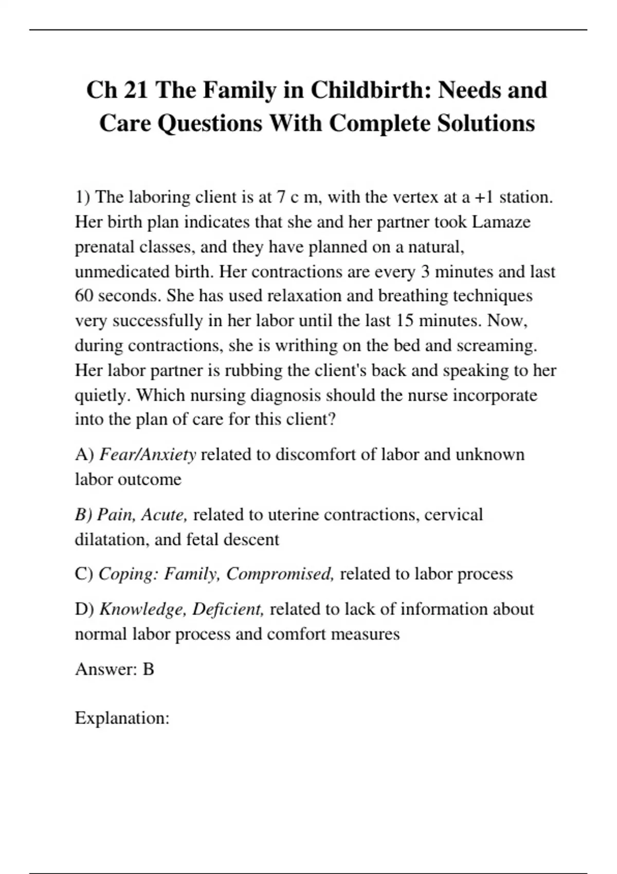 Ch 21 The Family in Childbirth: Needs and Care Questions With Complete ...