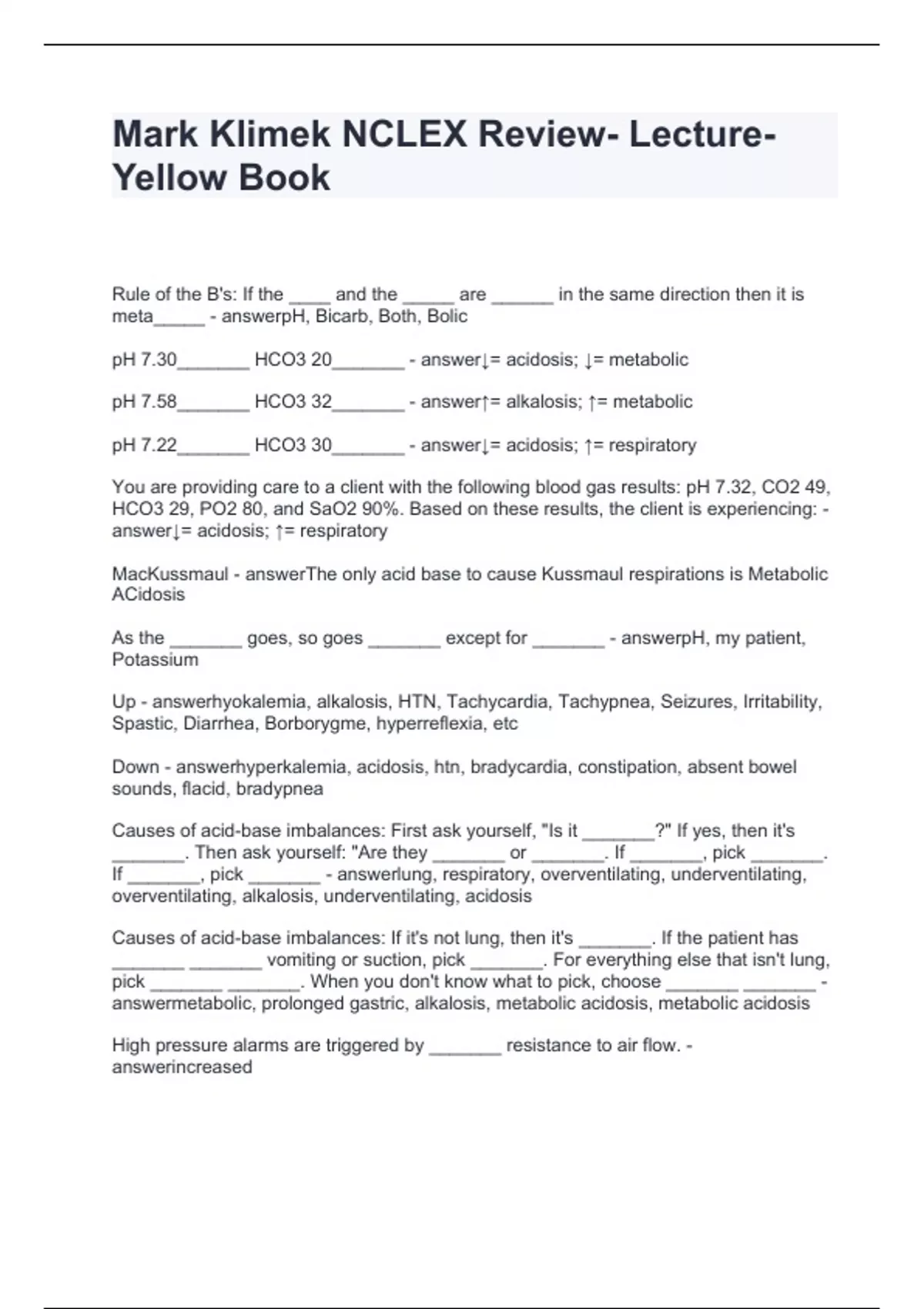 Mark Klimek NCLEX Review- Lecture-Yellow Book Questions with Accurate ...
