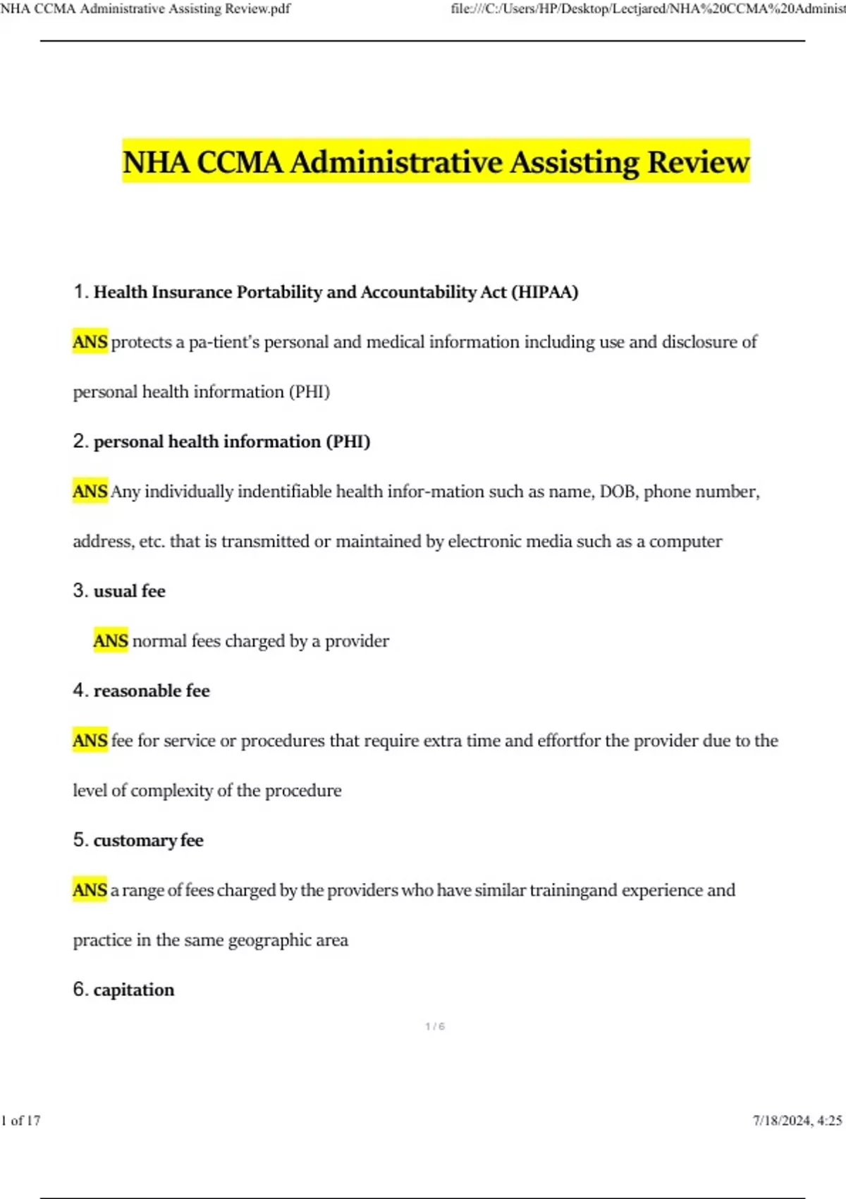 NHA CCMA Administrative Assisting Review 2024 Questions and Answers ...