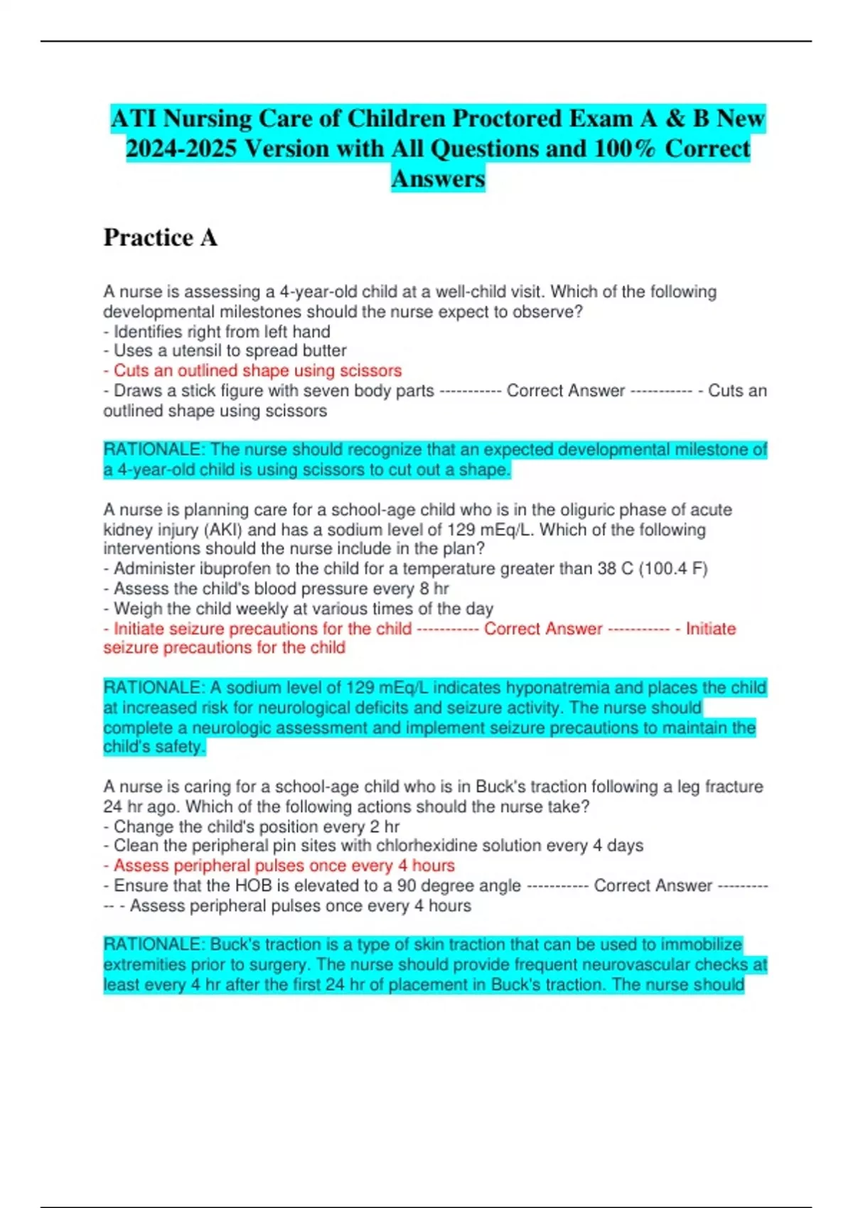 ATI Nursing Care of Children Proctored Exam A & B New Version with All ...