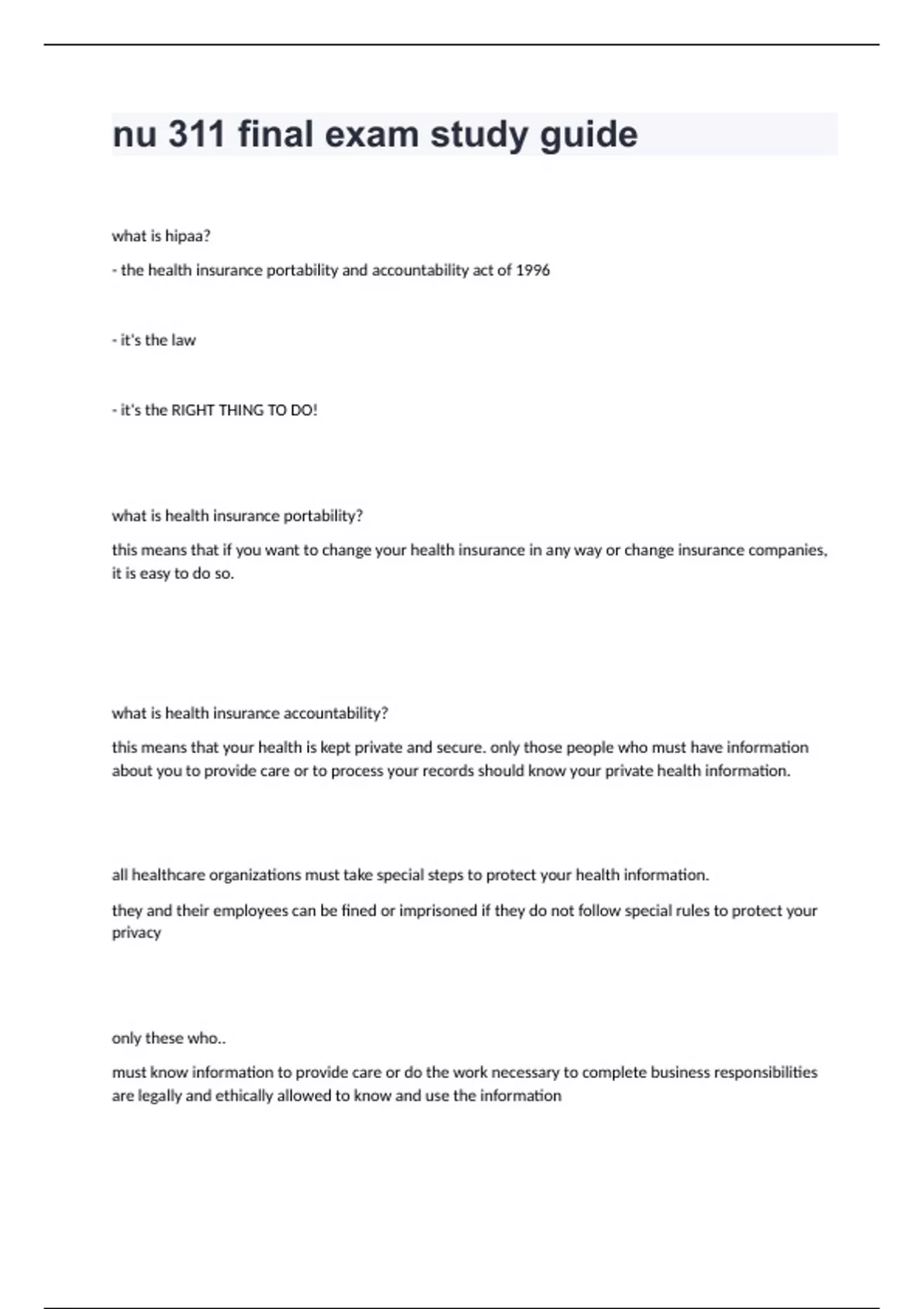 nu 311 final exam study guide with correct answers graded A+ - Nu 311 ...