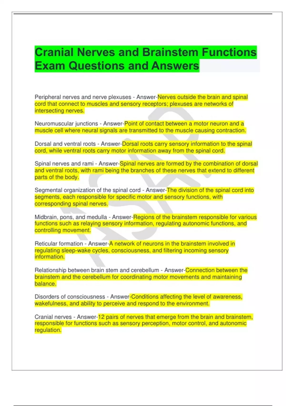 Cranial Nerves and Brainstem Functions Exam Questions and Answers ...