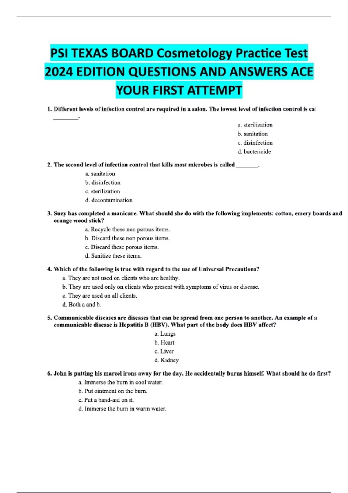 Psi texas board cosmetology practice test 2024 edition questions and ...