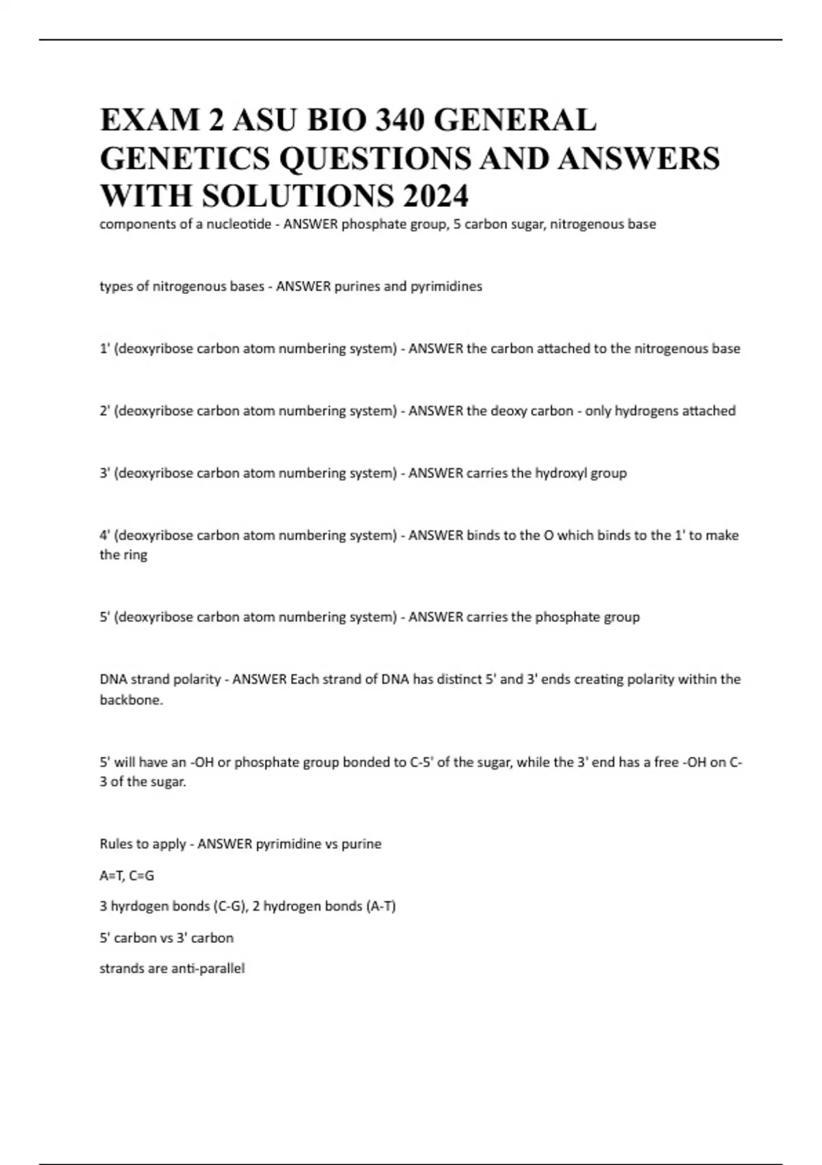 EXAM 2 ASU BIO 340 GENERAL GENETICS QUESTIONS AND ANSWERS WITH ...
