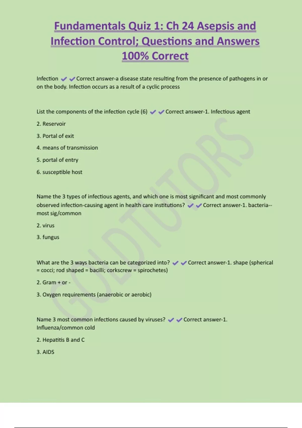 Fundamentals Quiz 1: Ch 24 Asepsis and Infection Control; Questions and ...