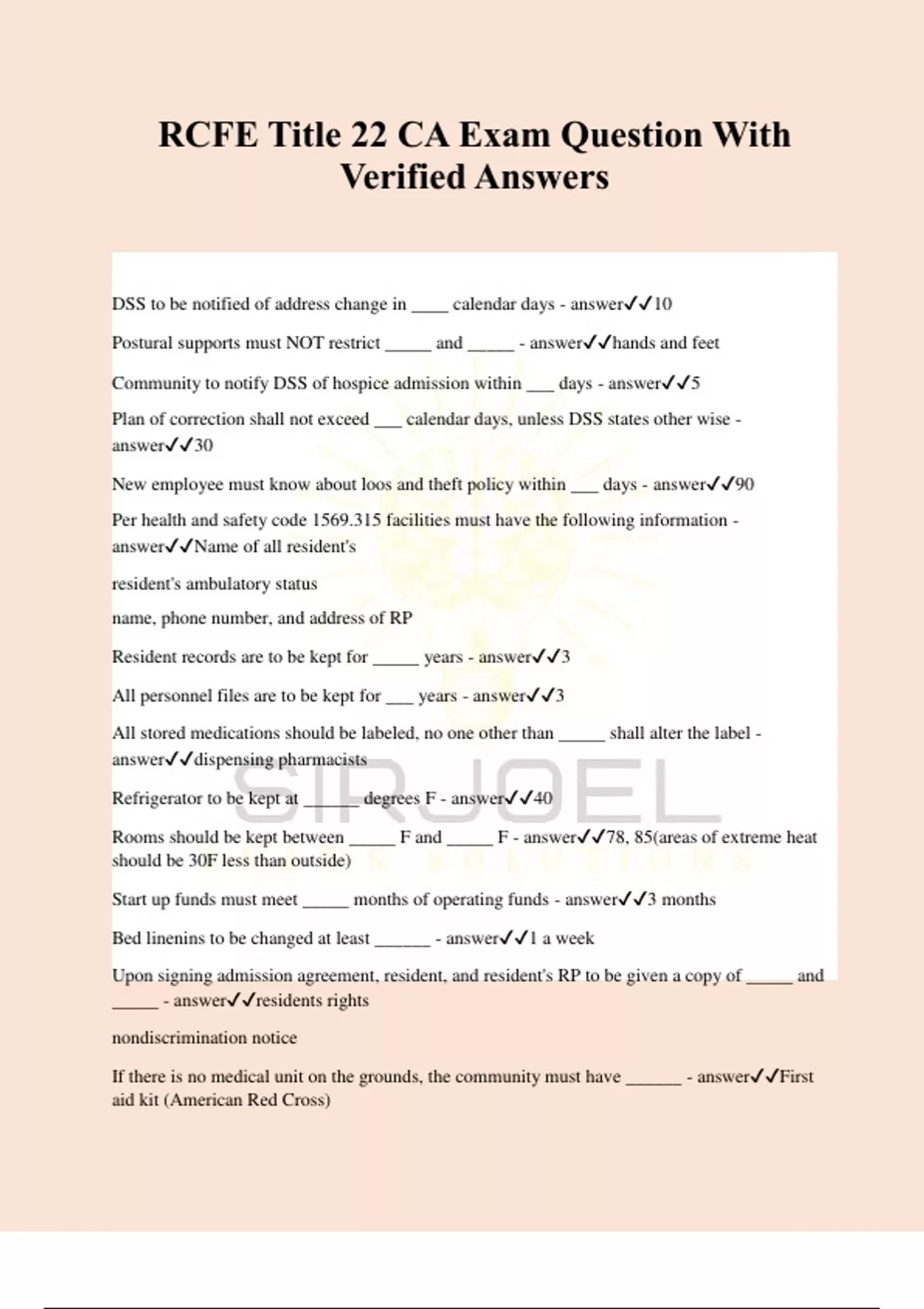 RCFE Title 22 CA Exam Question With Verified Answers - TITLE 22 - Stuvia US
