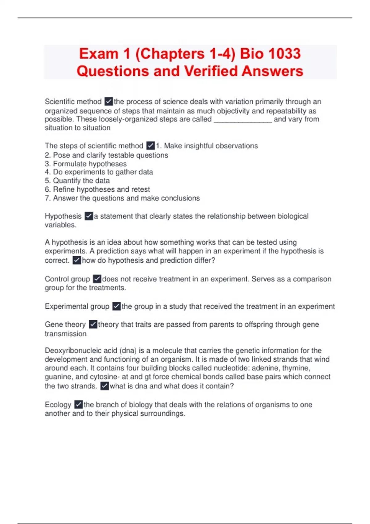 Exam 1 (Chapters 1-4) Bio 1033 Questions and Verified Answers - BIO ...