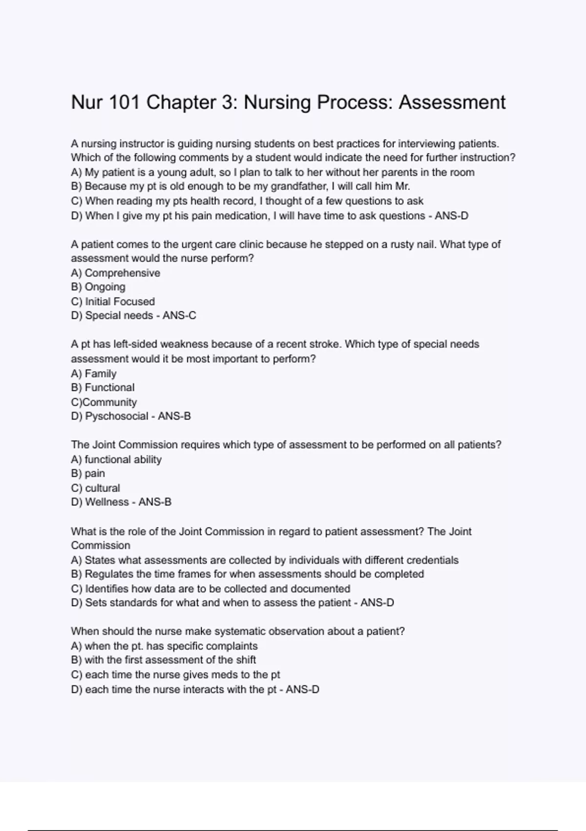 Nur 101 Chapter 3 Nursing Process Assessment Exam Review Questions and ...