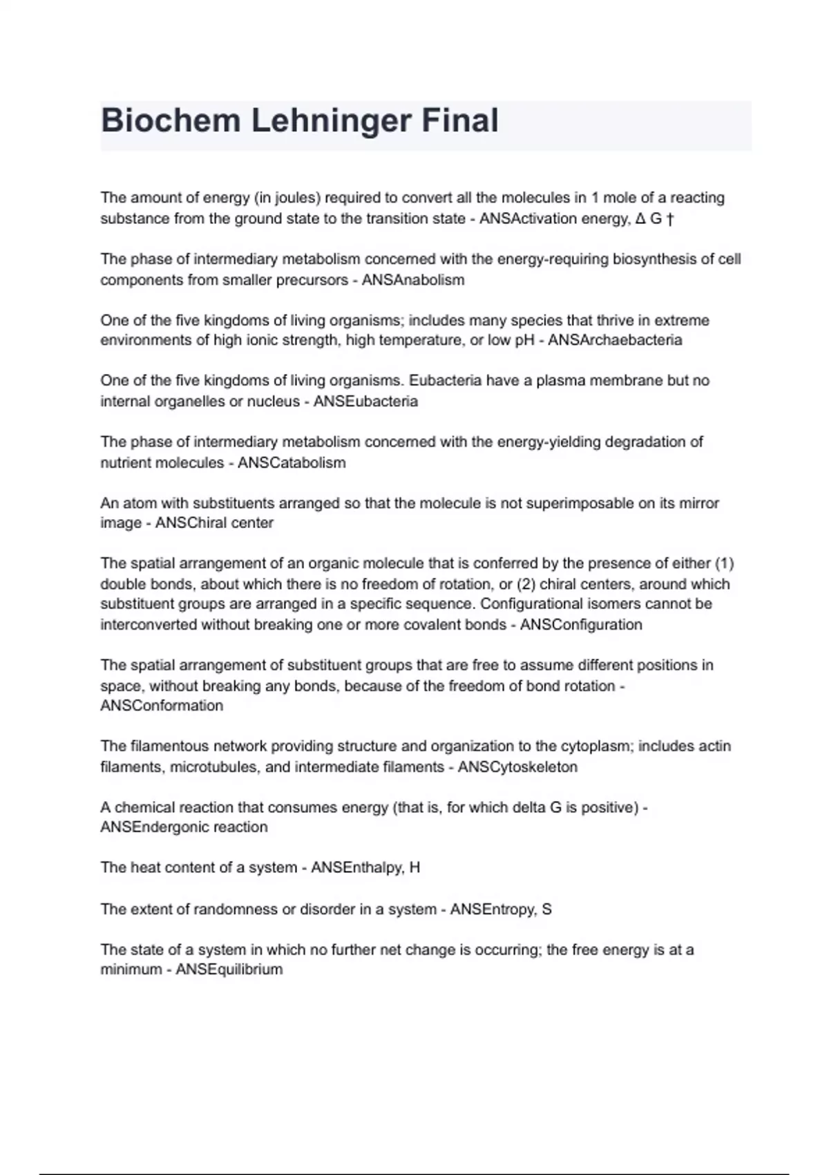 Biochem Lehninger Final questions and answers A+ score assured 2024/ ...