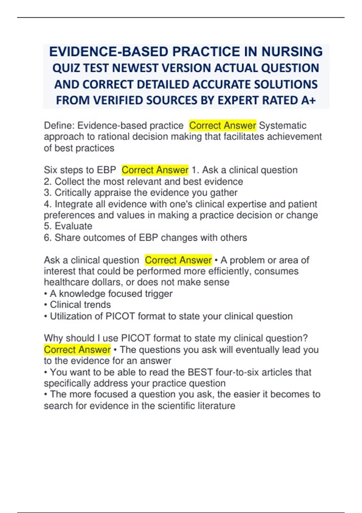EVIDENCE-BASED PRACTICE IN NURSING QUIZ TEST NEWEST VERSION ACTUAL ...