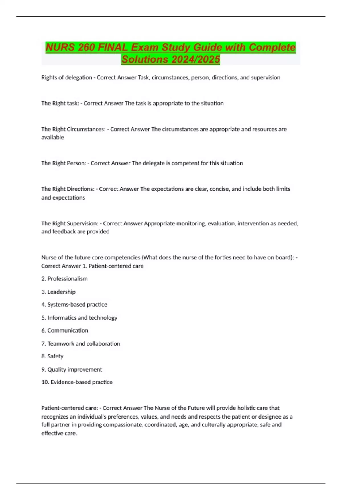 NURS 260 FINAL Exam Study Guide with Complete Solutions 2024/2025 ...
