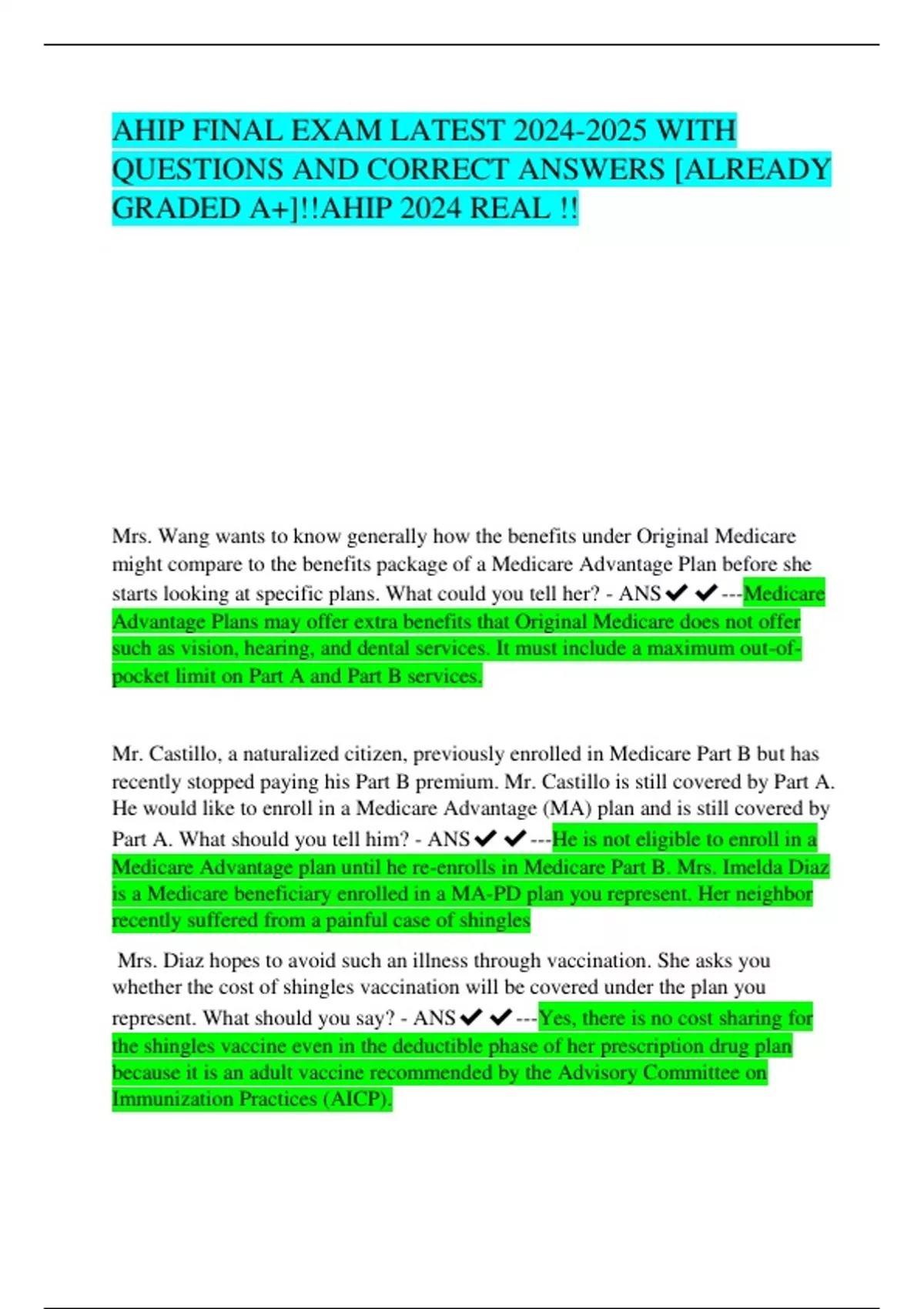 AHIP FINAL EXAM LATEST WITH QUESTIONS AND CORRECT ANSWERS [ALREADY ...