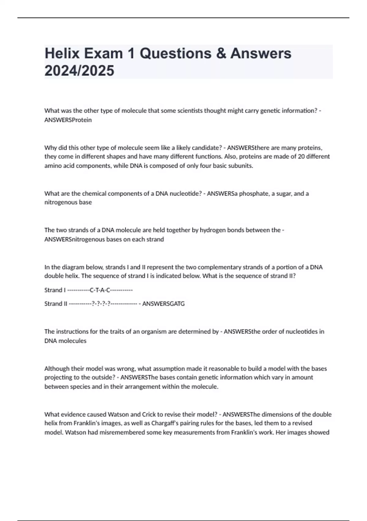 Questions Lab Helix Helix Exam 1 Questions & Answers 2024/2025 - Helix - Stuvia US