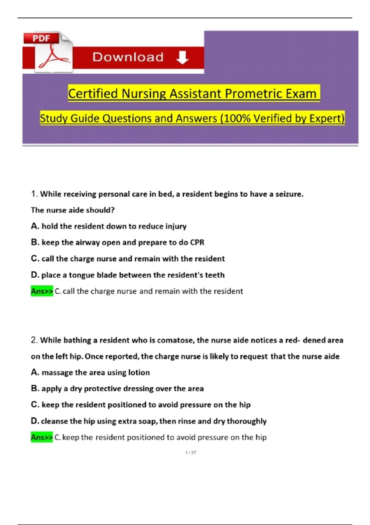 Prometric Nurse Aide (CNA)Exam Study Guide Questions and Verified ...