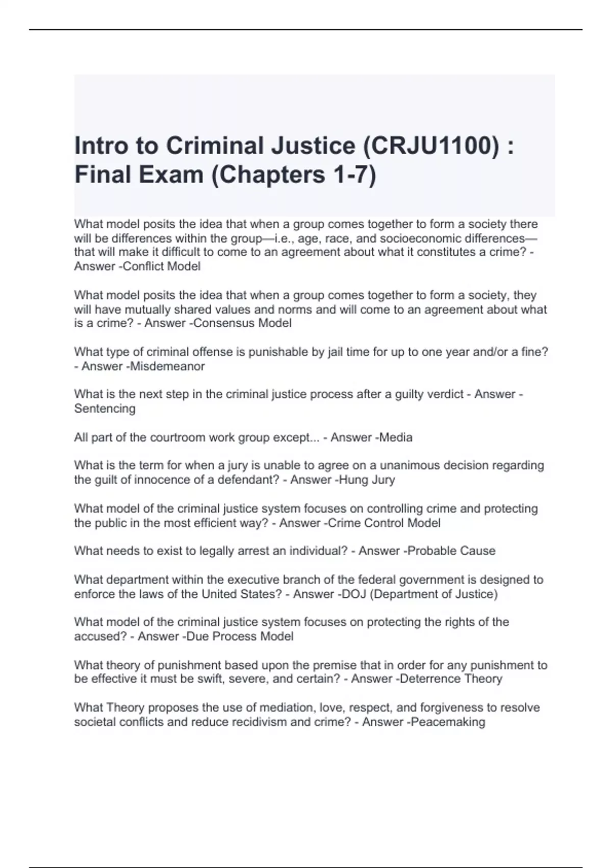 Intro to Criminal Justice (CRJU1100) Final Exam (Chapters 1-7 ...
