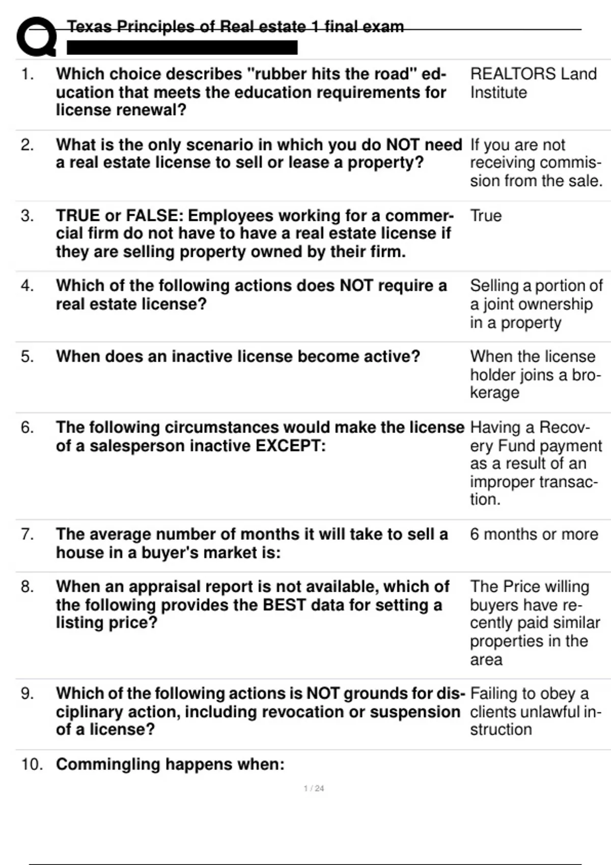 TEXAS PRINCIPLES OF REAL ESTATE 1 FINAL EXAM, PRACTICE EXAM AND STUDY GUIDE NEWEST 2024 - Texas ...