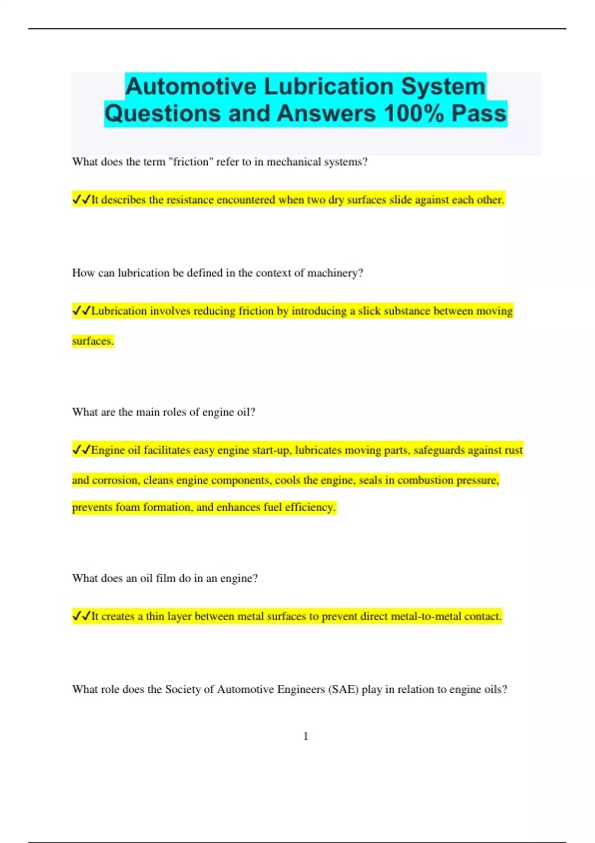 Lubrication Bundled Exams Questions and Answers Multiple Versions