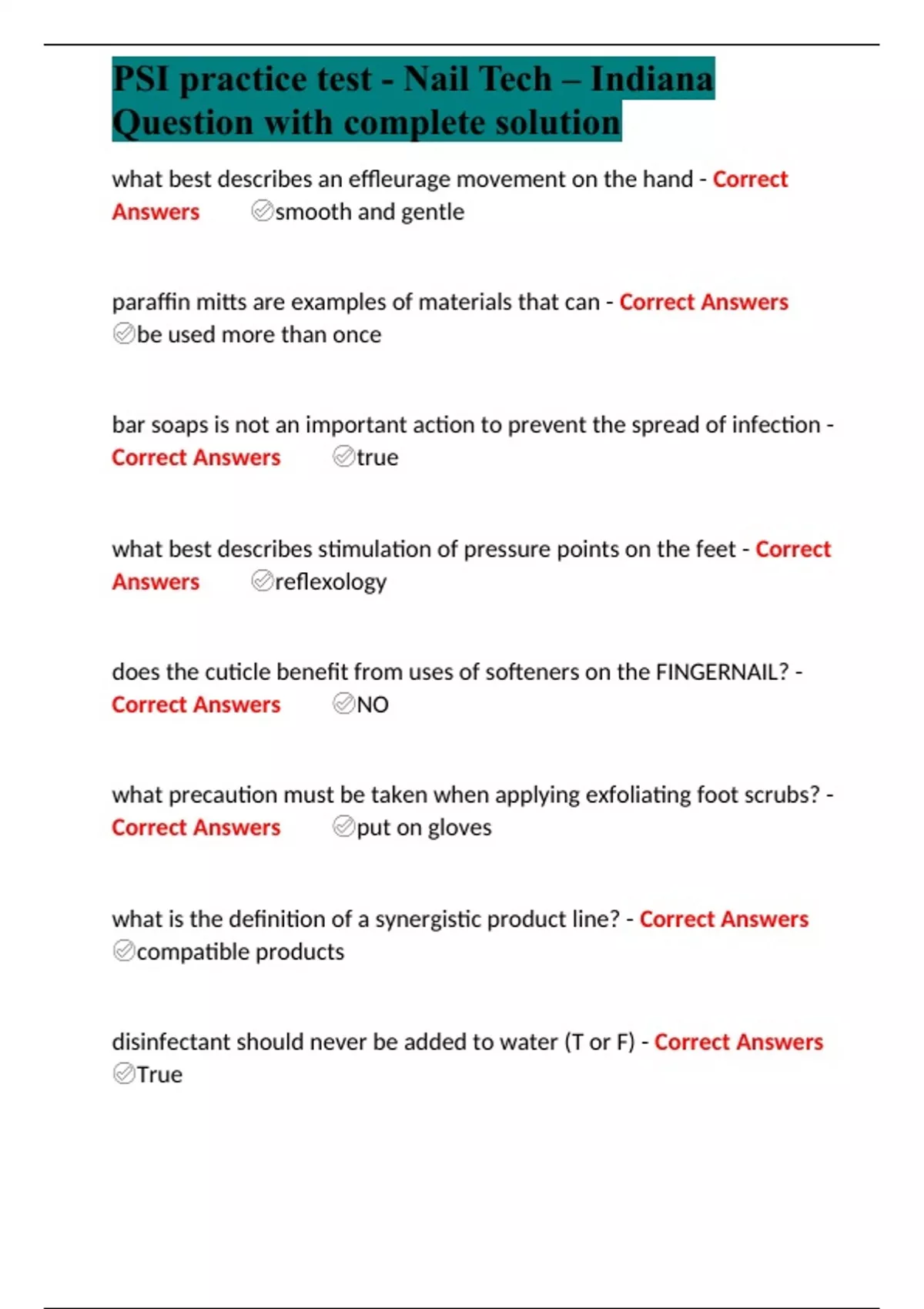 PSI practice test - Nail Tech – Indiana Question with complete solution ...