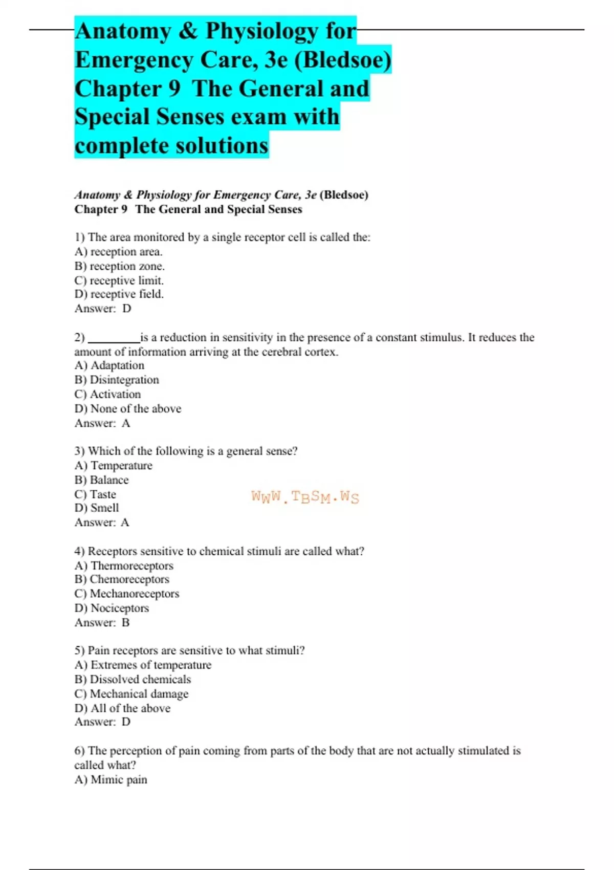 Anatomy & Physiology for Emergency Care, 3e (Bledsoe) Chapter 9 The ...