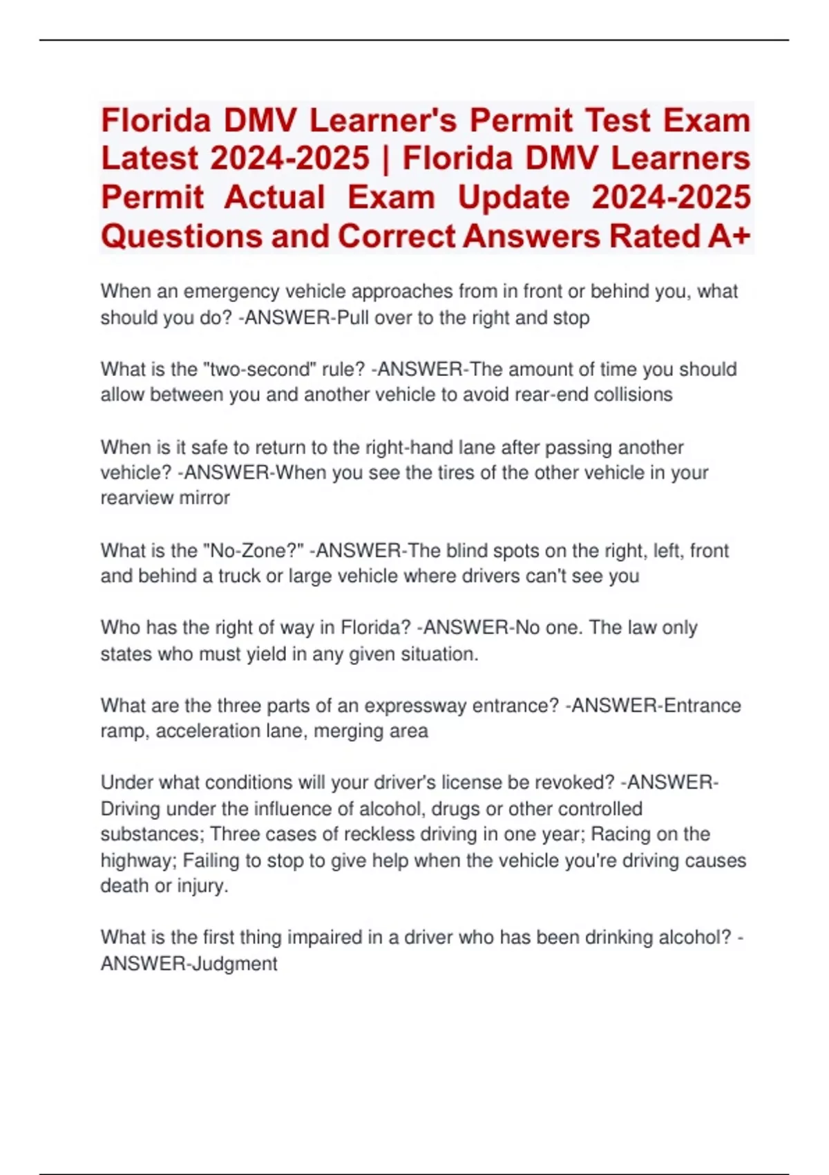 Florida DMV Learner's Permit Test Exam Latest | Florida DMV Learners ...