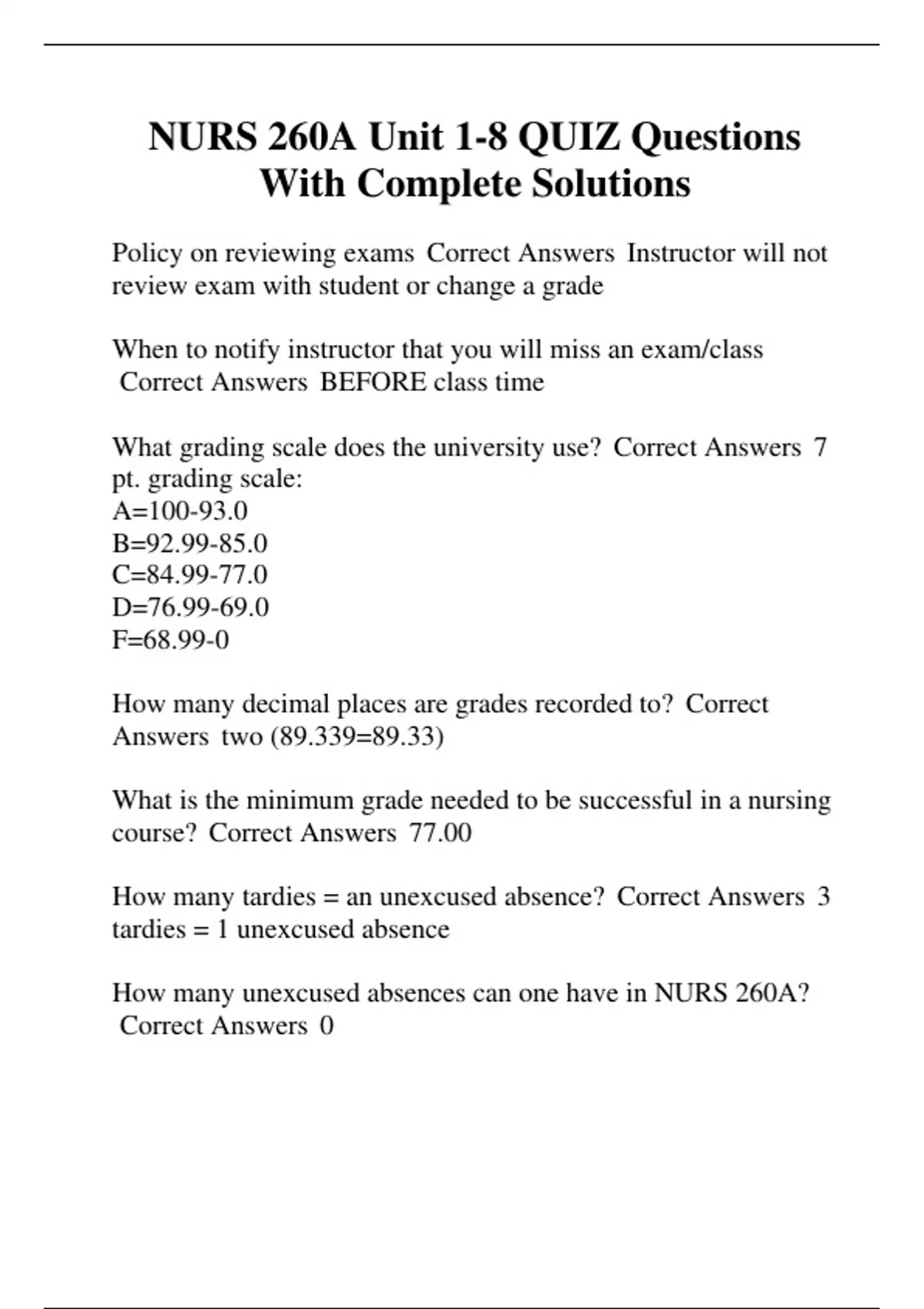 NURS 260A Unit 1-8 QUIZ Questions With Complete Solutions - NURS 260A ...