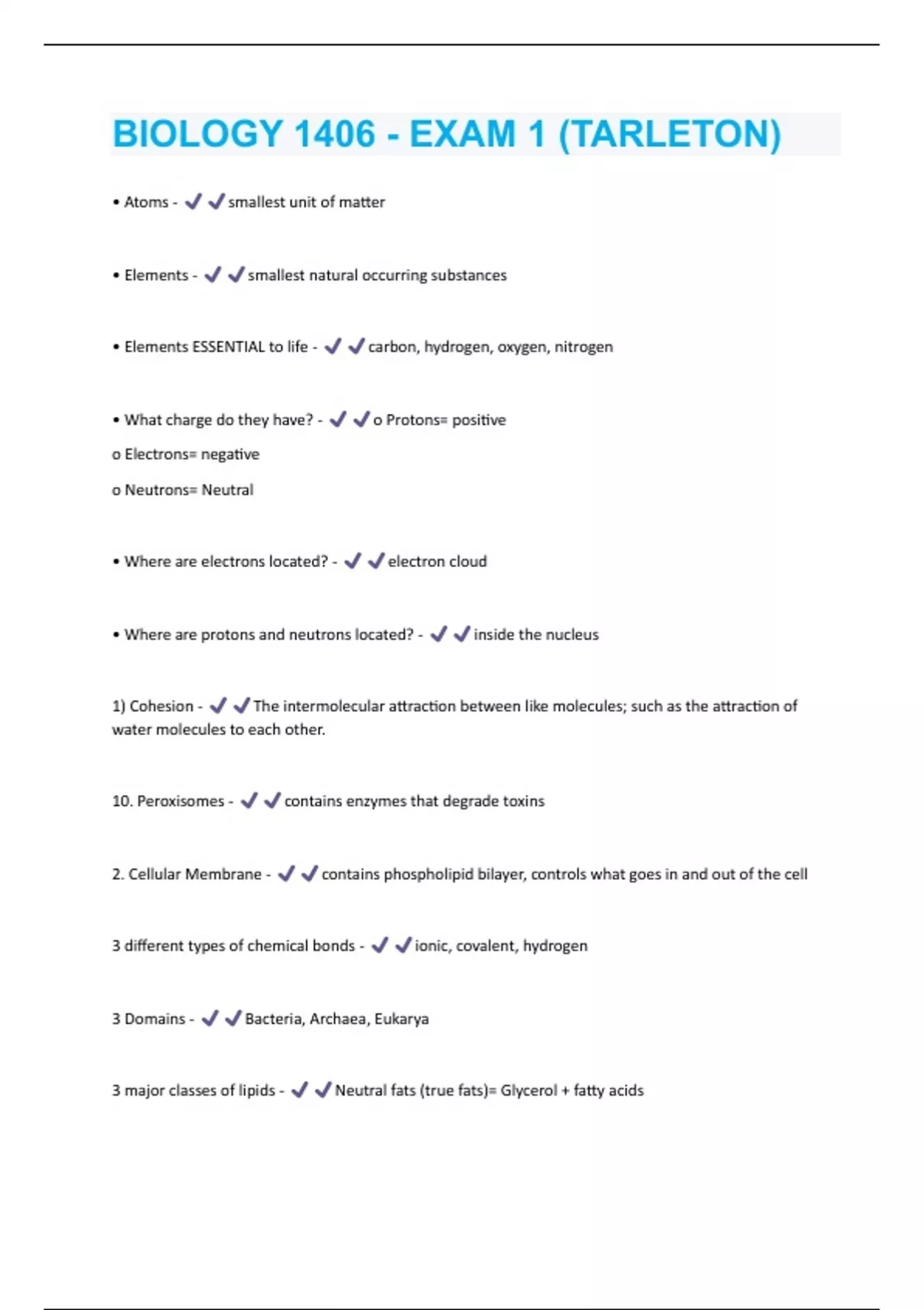 BIOLOGY 1406 - EXAM 1 (TARLETON) Updated 2024/2025 Actual Questions and ...