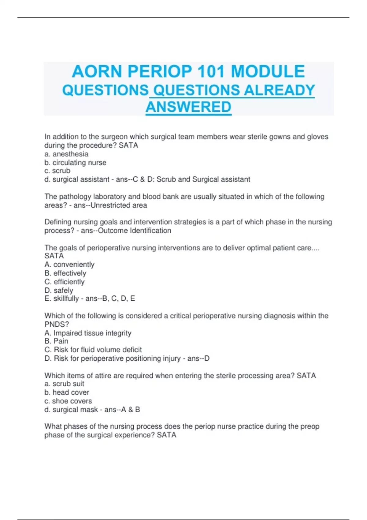 AORN Periop 101 Final Exam Questions and Answers (2022/2023) (Verified ...