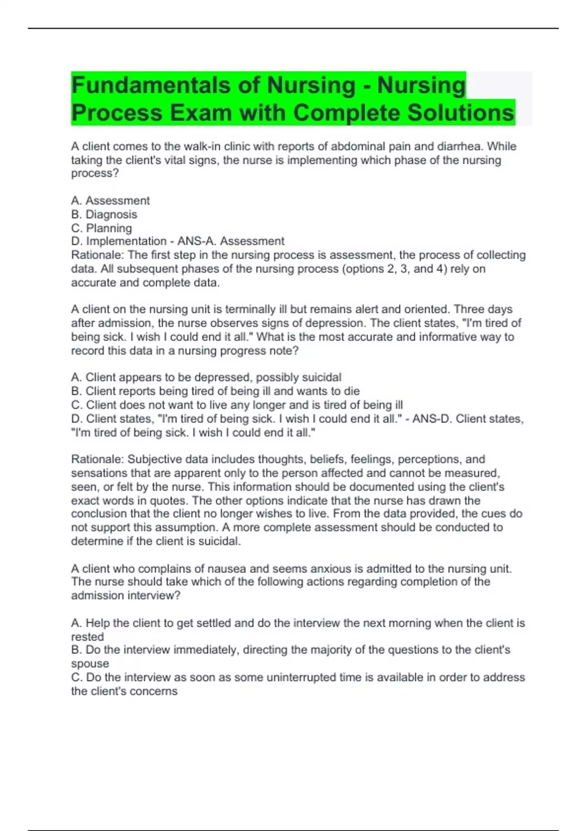 Fundamentals of Nursing - Nursing Process Exam with Complete Solutions ...