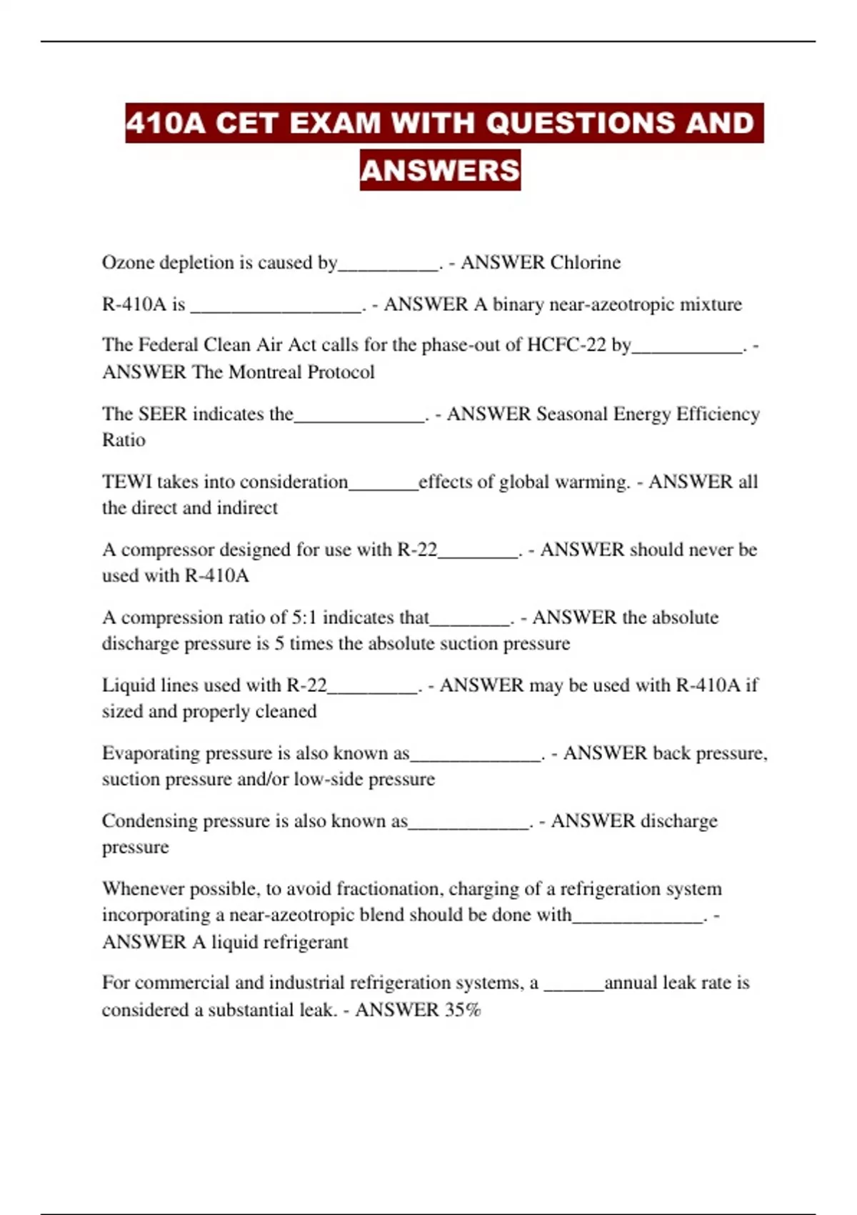 410A CET EXAM WITH QUESTIONS AND ANSWERS - 410A CET - Stuvia US